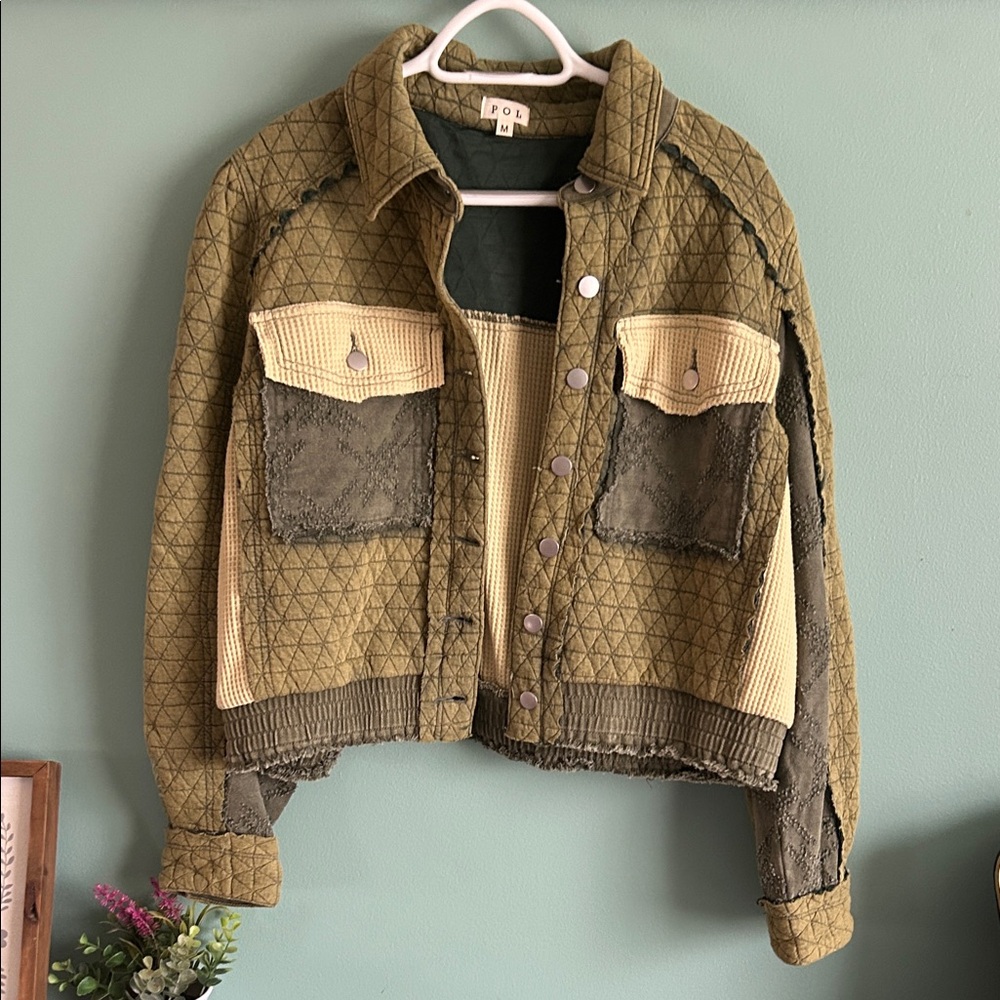 POL Olive and Cream Quilted Utility Jacket